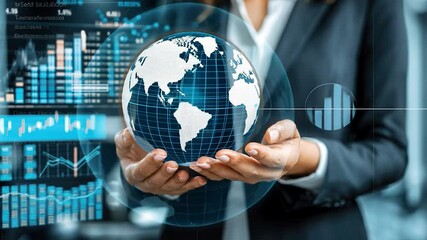 Person holding a holographic globe surrounded by financial data - Powered by Adobe