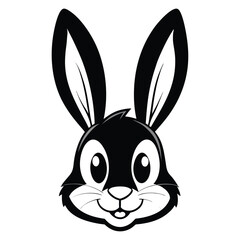 Black and white rabbit face gazes ahead with a happy, cartoonish expression on a white background