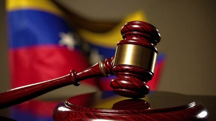 Stunning golden Jatobá gavel placed on a sound block with the Venezuelan flag waving gently, featuring warm, tropical lighting for an elegant legal symbolism