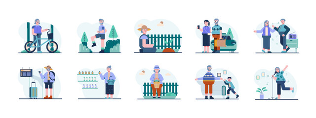 Senior citizen illustrations set. Elderly people. Old man and old woman illustrations. Flat illustration concept.