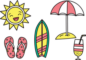 Summer Beach and Vacation Elements illustration collection. Colorful Summer Beach and Vacation Elements design set. Summer Beach and Vacation Elements icons and elements. Summer Beach and Vacation