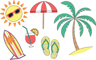 Summer Beach and Vacation Elements illustration collection. Colorful Summer Beach and Vacation Elements design set. Summer Beach and Vacation Elements icons and elements. Summer Beach and Vacation