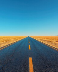 Naklejka premium Empty road stretches into a vibrant blue sky over a vast, golden landscape