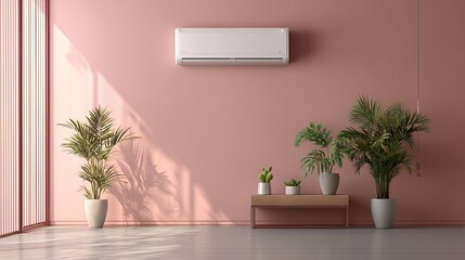 Modern Minimalist Pink Room Interior Design with Air Conditioner Plants and Wooden Coffee Table Stylish Home Decor Apartment Room Scene cozy calm palm wall grey space style floor  