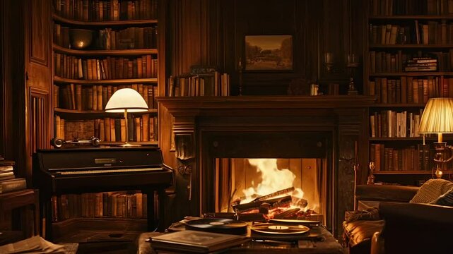 Cozy library with fireplace and books