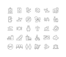 Editable Stroke Thin Line Icons of Airport Journey Including Departure Arrival Passport Luggage Transport Security and Terminal Elements