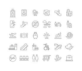 Airport and Airline Service Icon Collection Featuring Flights Baggage Terminals Passengers and Transit in Thin Line Editable Style
