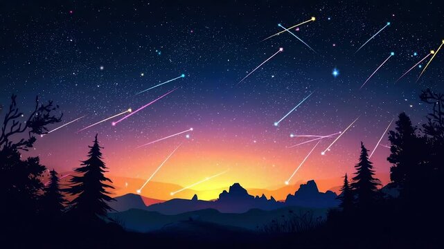 Night sky ablaze with shooting stars over a mountain landscape.  Silhouette trees and mountains at dawn