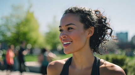 outdoor jogger smiling in sunny city park.