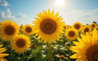 Obraz premium Sky and Sunflower Background Image, Field, Landscape, Fall, Season, Nature, Sun, Banner Texture Advertising Poster