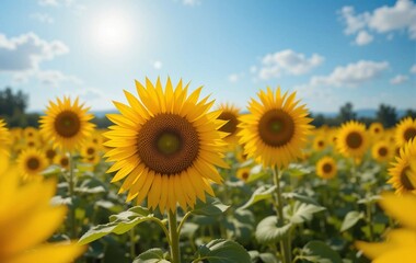 Obraz premium Sky and Sunflower Background Image, Field, Landscape, Fall, Season, Nature, Sun, Banner Texture Advertising Poster