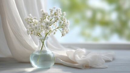 A serene arrangement of delicate white flowers in a glass vase, exuding tranquility and natural beauty in a soft, light-filled environment.
