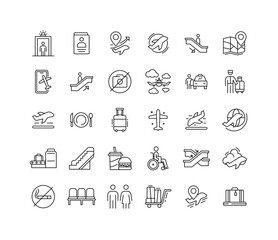 Line Style Icons of Airport and Airline Services Including Airplane Navigation Passport Taxi Luggage and Departure Arrival Travel Symbols