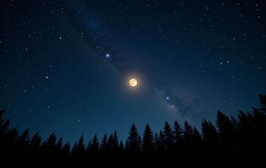 Fototapeta premium Night sky with moon and tree background image, nature, stars, chestnuts, banner textures advertising poster