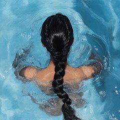 Woman with Braided Hair in Pool Water – Rear View