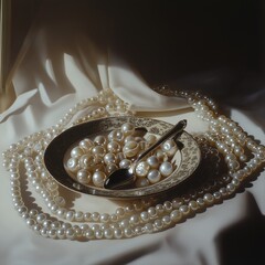 Luxury Still Life with Pearls on a Plate and Silver Spoon