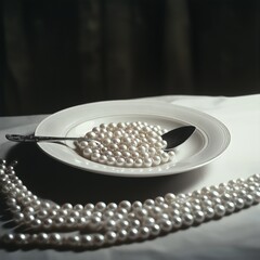 Luxury Still Life with Pearls on a Plate and Silver Spoon