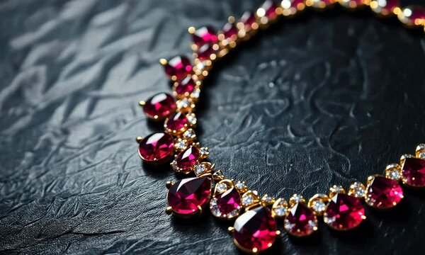 Elegant ruby necklace on textured dark background showing luxury