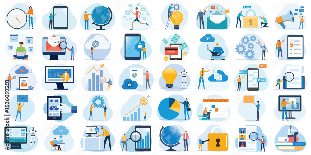 Aufkleber set vector illustration design concept. business cartoon character working activity. social network,