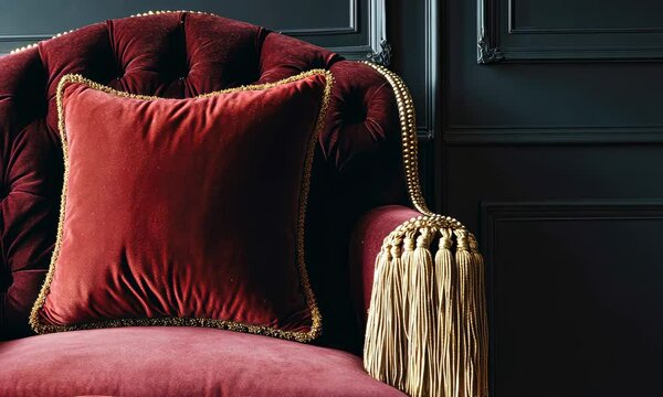 Luxurious red velvet armchair with gold fringe detail in dark, elegant room