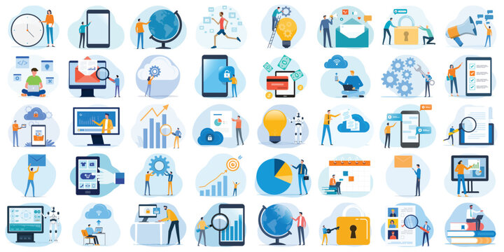 set vector illustration design concept. business cartoon character working activity. social network, and online video meetings. Artificial Intelligence. development team working. financial investment.