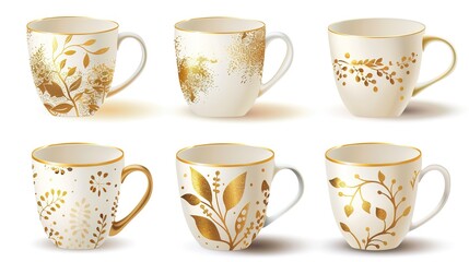  Luxury golden decor mugs elegantly isolated on a pristine white background, showcasing premium metallic finishes and intricate decorative patterns. Perfect for high-end kitchen styling, home decor, 