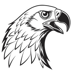 Detailed line drawing shows an eagle head with intense gaze and open beak