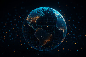 Fototapeta premium AI generated futuristic image of a glowing digital Earth surrounded by data lines and bright network nodes in deep space background showing global connectivity and cyber technology integration