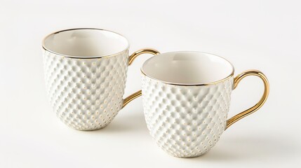  Luxury golden decor mugs elegantly isolated on a pristine white background, showcasing premium metallic finishes and intricate decorative patterns. Perfect for high-end kitchen styling, home decor, 
