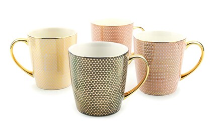  Luxury golden decor mugs elegantly isolated on a pristine white background, showcasing premium metallic finishes and intricate decorative patterns. Perfect for high-end kitchen styling, home decor, 
