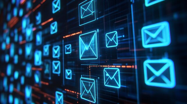 Abstract digital background with glowing email icons, representing global communication and data flow.