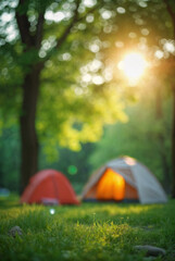 camping and defocused bokeh and blur background of garden green tree; summer vacation; travel