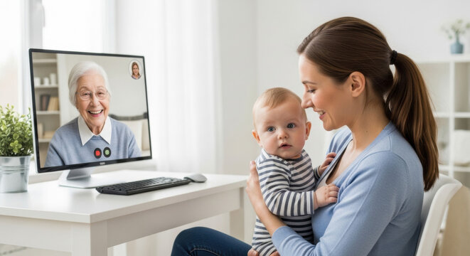Mother and baby video chatting with grandmother on computer, connecting generations through technology, sharing smiles and family time online.