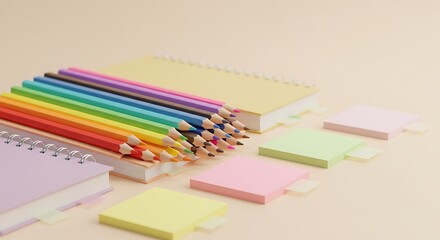 Colorful pencils and notebooks in warm pastel tones for creative workspace