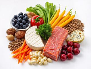 Ketogenic diet food. Healthy low carbs products. Keto diet concept. Vegetables, fish, meat, nuts, seeds, berries, cheese on a white background, top view.