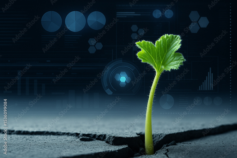 Poster ai generated image of a small green seedling emerging from cracked soil with digital data charts and