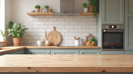 Modern kitchen interior, empty wooden countertop, blurred background, product display, clean design, home cooking space, neutral colors, natural light, contemporary household presentation