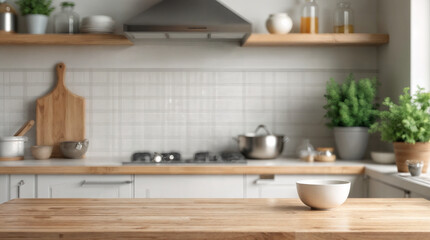 Modern kitchen interior, empty wooden countertop, blurred background, product display, clean design, home cooking space, neutral colors, natural light, contemporary household presentation