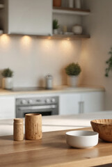 Modern kitchen interior, empty wooden countertop, blurred background, product display, clean design, home cooking space, neutral colors, natural light, contemporary household presentation