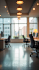Blurred empty open space office. Abstract light bokeh at office interior background