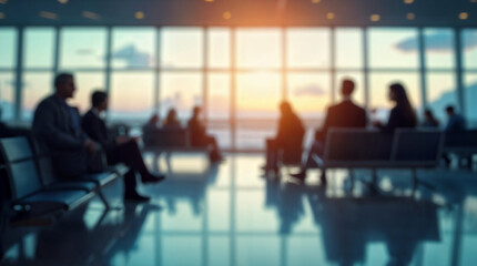 blurred people waiting for the flight departure in airport. Defocused image of an airport.