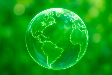 Glowing glass planet earth on green natural background, ecology concept