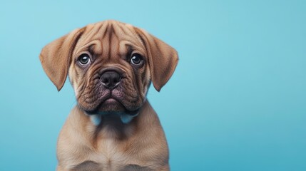 Obraz premium Adorable fawn-colored puppy with big eyes sits against a light blue background.