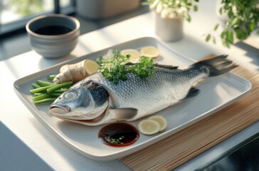 High-end advertising image of steamed fish ingredients: fresh 