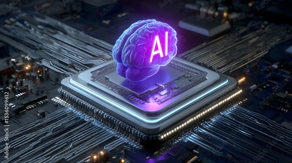 Poster ai brain chip: futuristic representation of artificial intelligence on circuit board