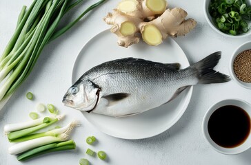 High-end advertising image of steamed fish ingredients: fresh whole