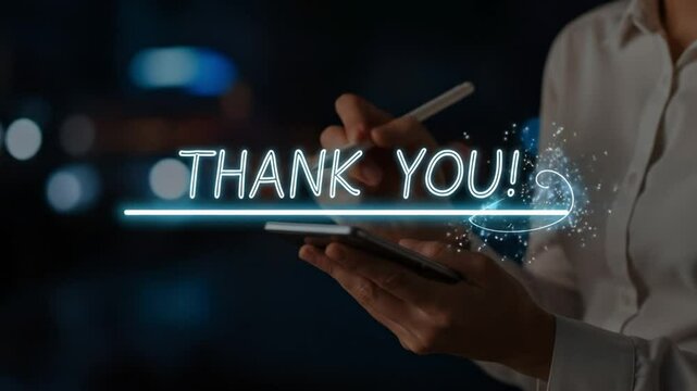 Thank You Message and Business Appreciation Concept. Woman draws text THANK YOU! in air, representing gratitude, congratulations, and professional appreciation in business or customer service context.