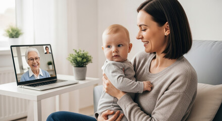 Mother and baby video calling with grandmother. They're on a laptop near a potted plant in a bright room, staying connected.