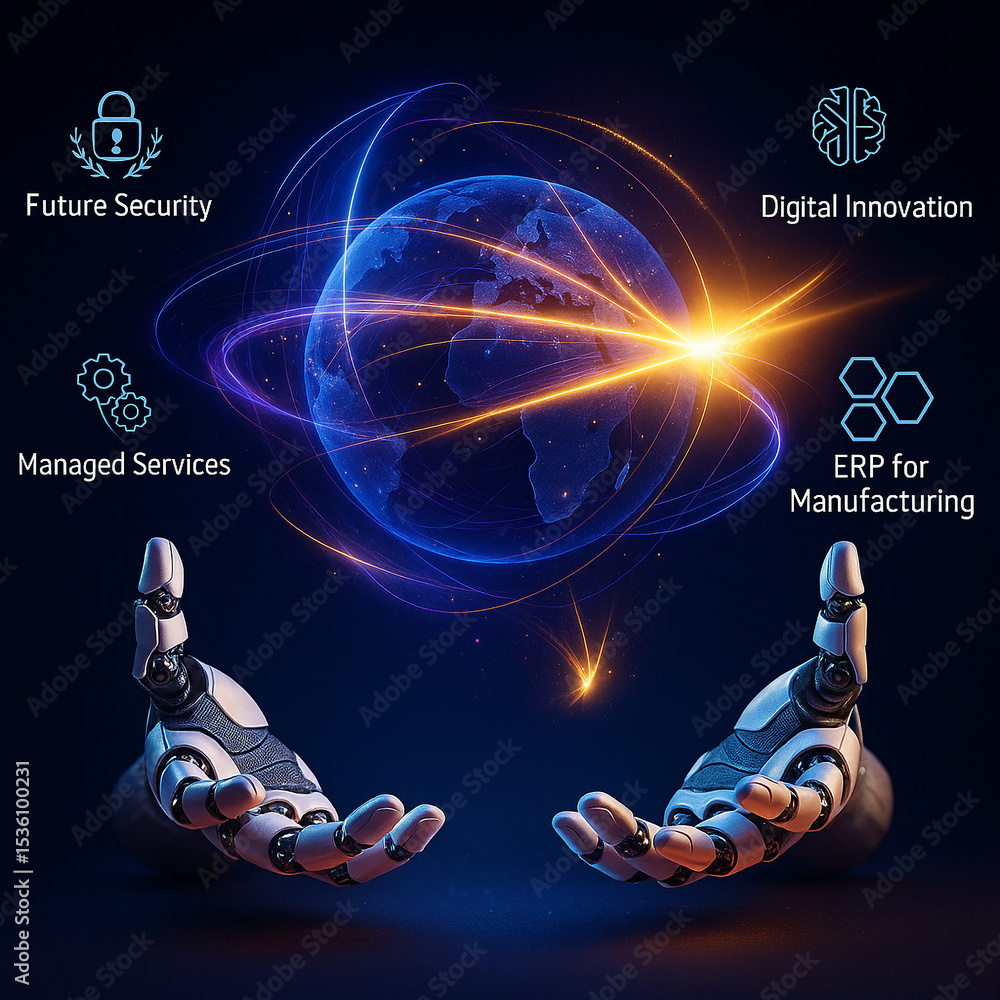 Poster ai generated digital illustration showing robotic hands controlling a glowing energy sphere surround