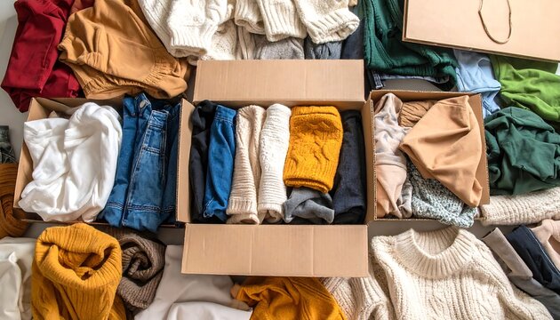 Donation Clothing Box Overflowing with Clothes for Charity with Sustainable Living.